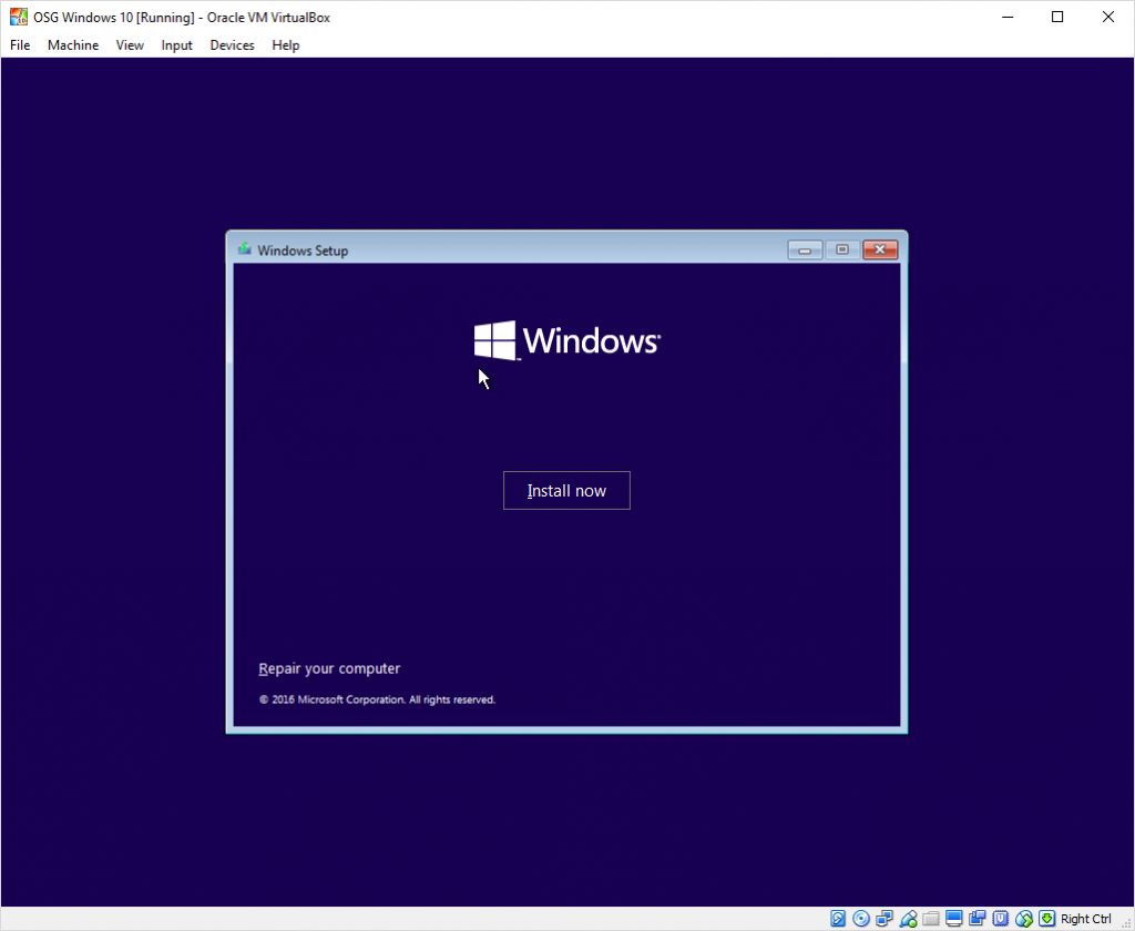 Windows 10 operating system installation