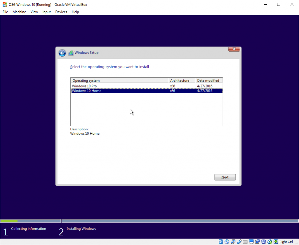 Windows 10 operating system installation