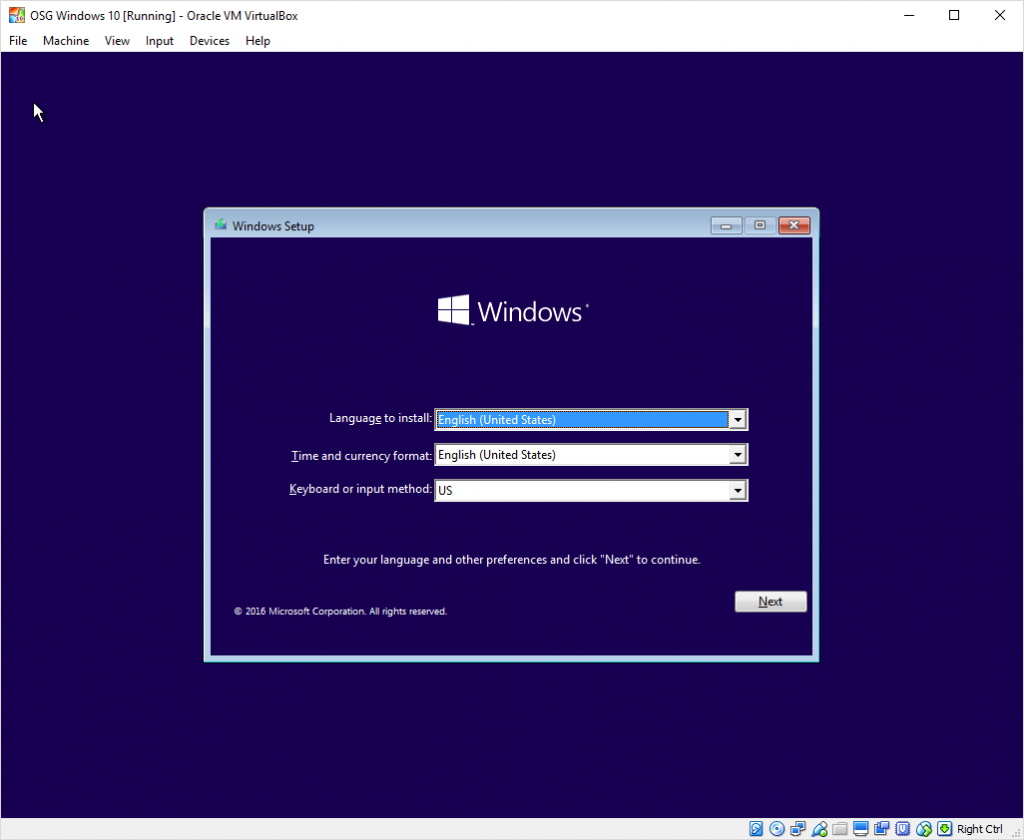 Windows 10 operating system installation